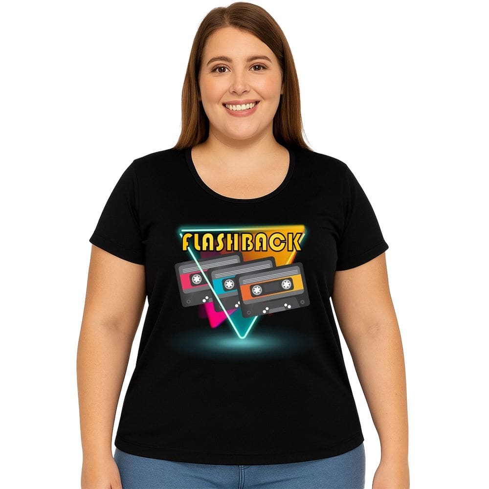 Camiseta Temática Flash Back Estampa Fitas Tamanho Plus Size