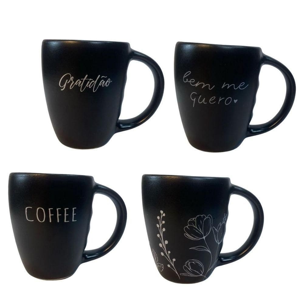 Jogo 4 Caneca Porcelana Fosca 300ml Para Cappuccino Preta