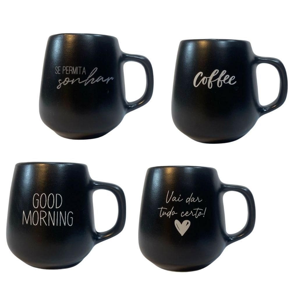 Jogo 4 Caneca Bojuda 260ml Porcelana Fosca Para Cappuccino Preta