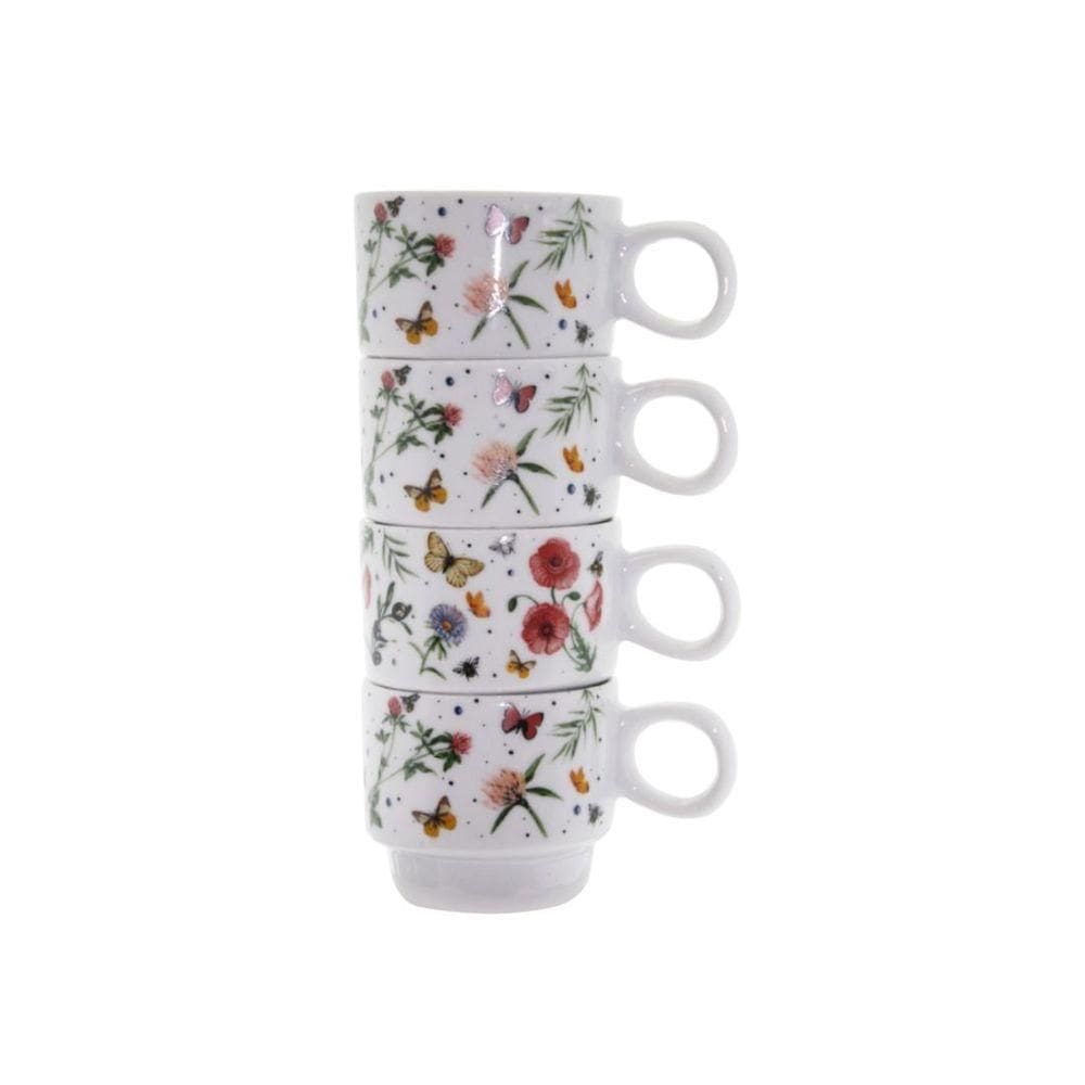 Jogo 4 Xícaras Empilhar 150ml Porcelana Para Café Borboleta