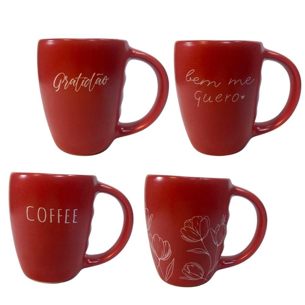 Jogo 4 Caneca Porcelana Fosca 300ml Para Cappuccino Vermelho