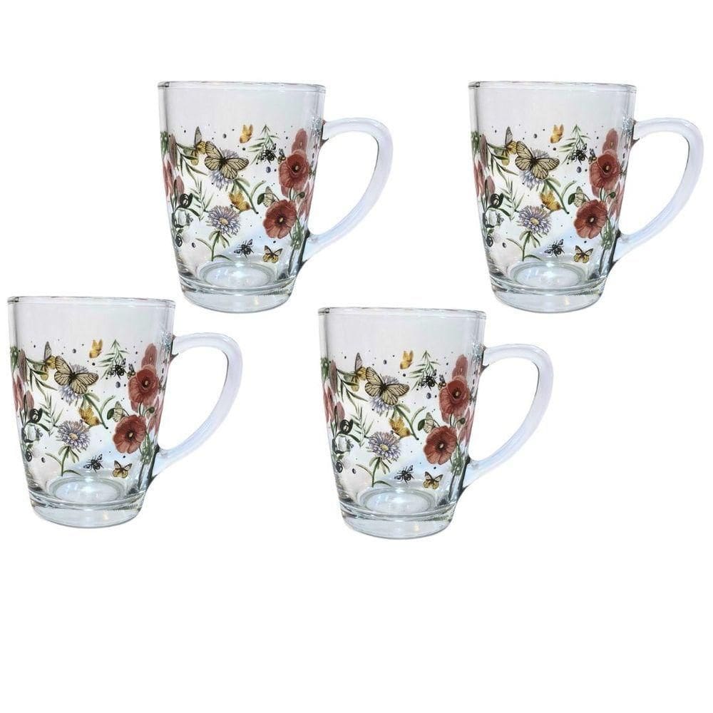 Jogo 4 Canecas Vidro Redonda Para Chá Cappuccino 300ml Borboleta