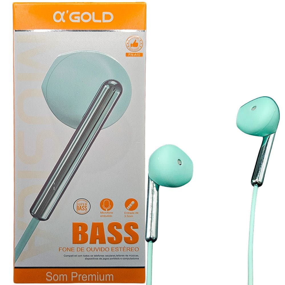 Fone De Ouvido Stereo, Super Bass, com Microfone, Entrada 3.5mm, Fio 1.3 Metros, A`Gold, FN-A10 - Verde