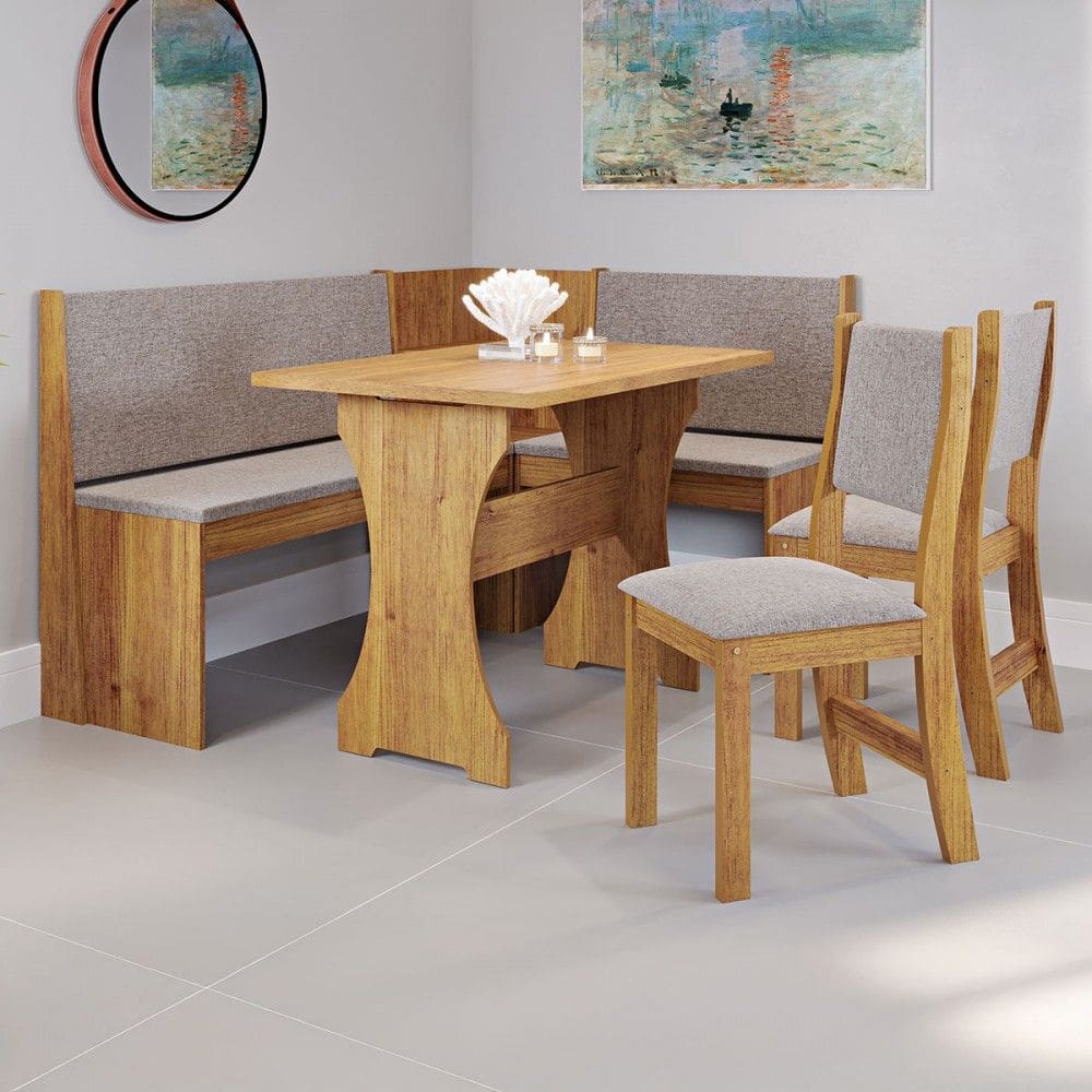 Canto Alemão Hard com 2 Cadeiras Marrom/Linho Kaki - Viero Móveis