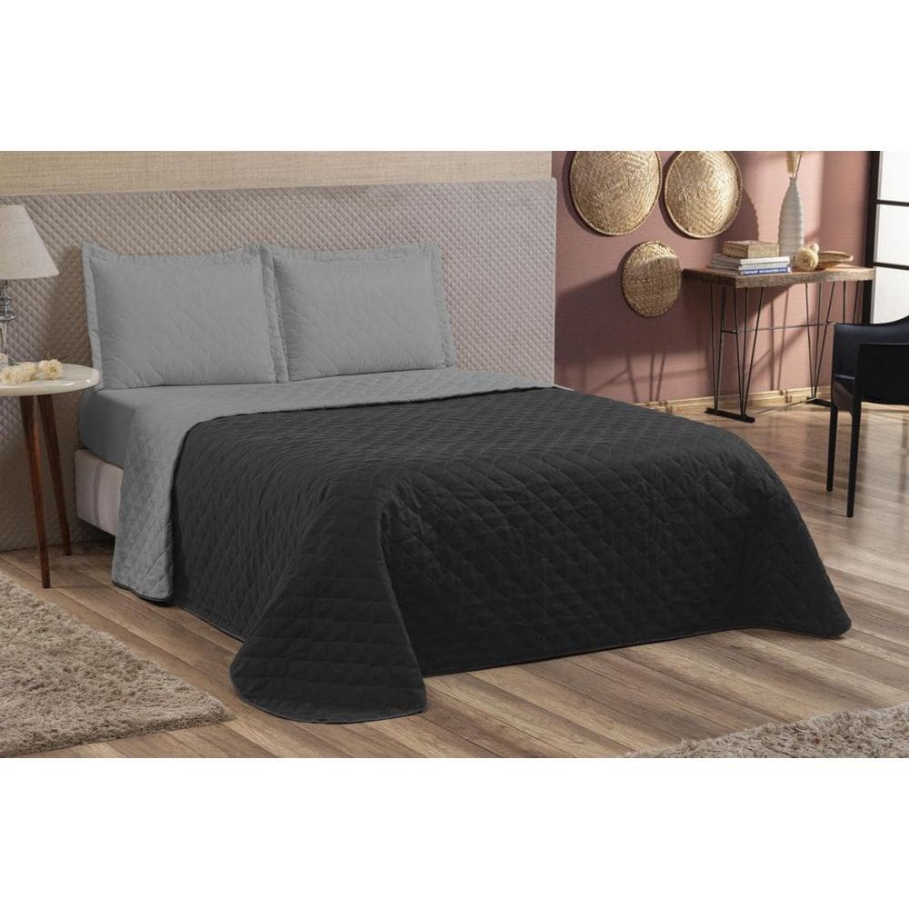 Colcha Casal Queen 3 Peças Com Fronhas Matelado Preto/Cinza