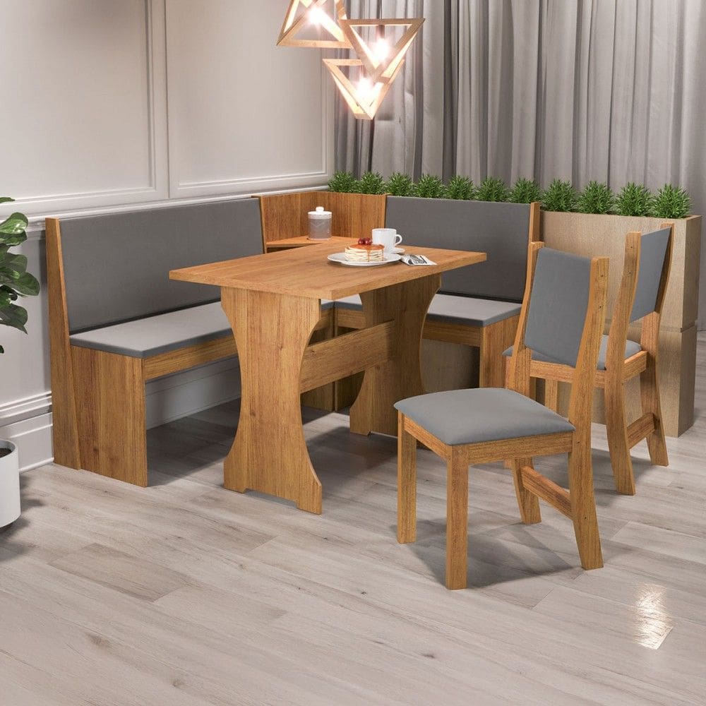 Canto Alemão Hard com 2 Cadeiras Marrom/Veludo Cinza - Viero Móveis