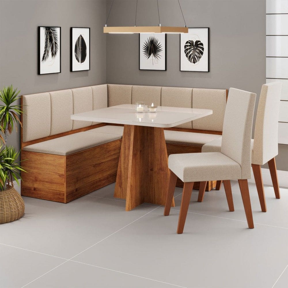 Canto Alemão Gourmet com 2 Cadeiras Marrom/Blonde/Linho Bronze - Viero Móveis