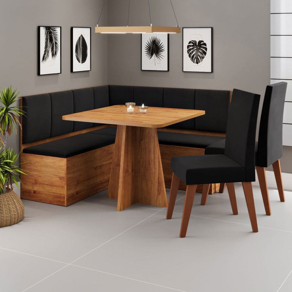 Canto Alemão Gourmet com 2 Caderias Marrom/Veludo Preto - Viero Móveis