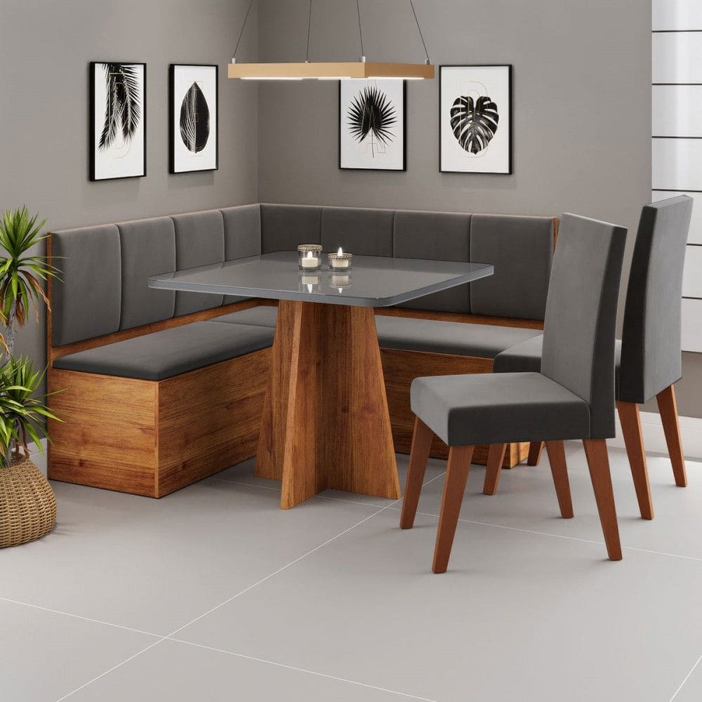 Canto Alemão Gourmet com 2 Caderias Marrom/Cinza/Veludo Cinza - Viero Móveis