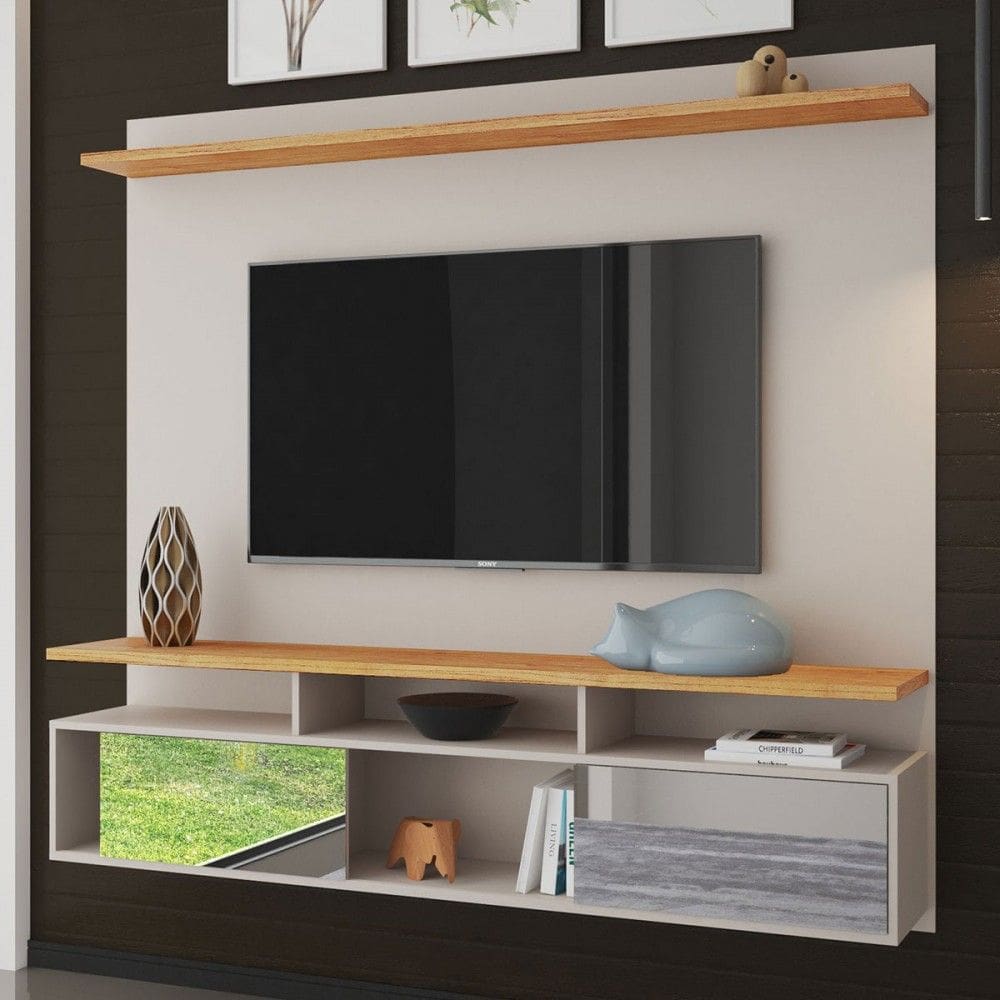 Painel para TV Até 70 Polegadas Rizon 2 Portas com Espelho Off White/Marrom - Viero Móveis