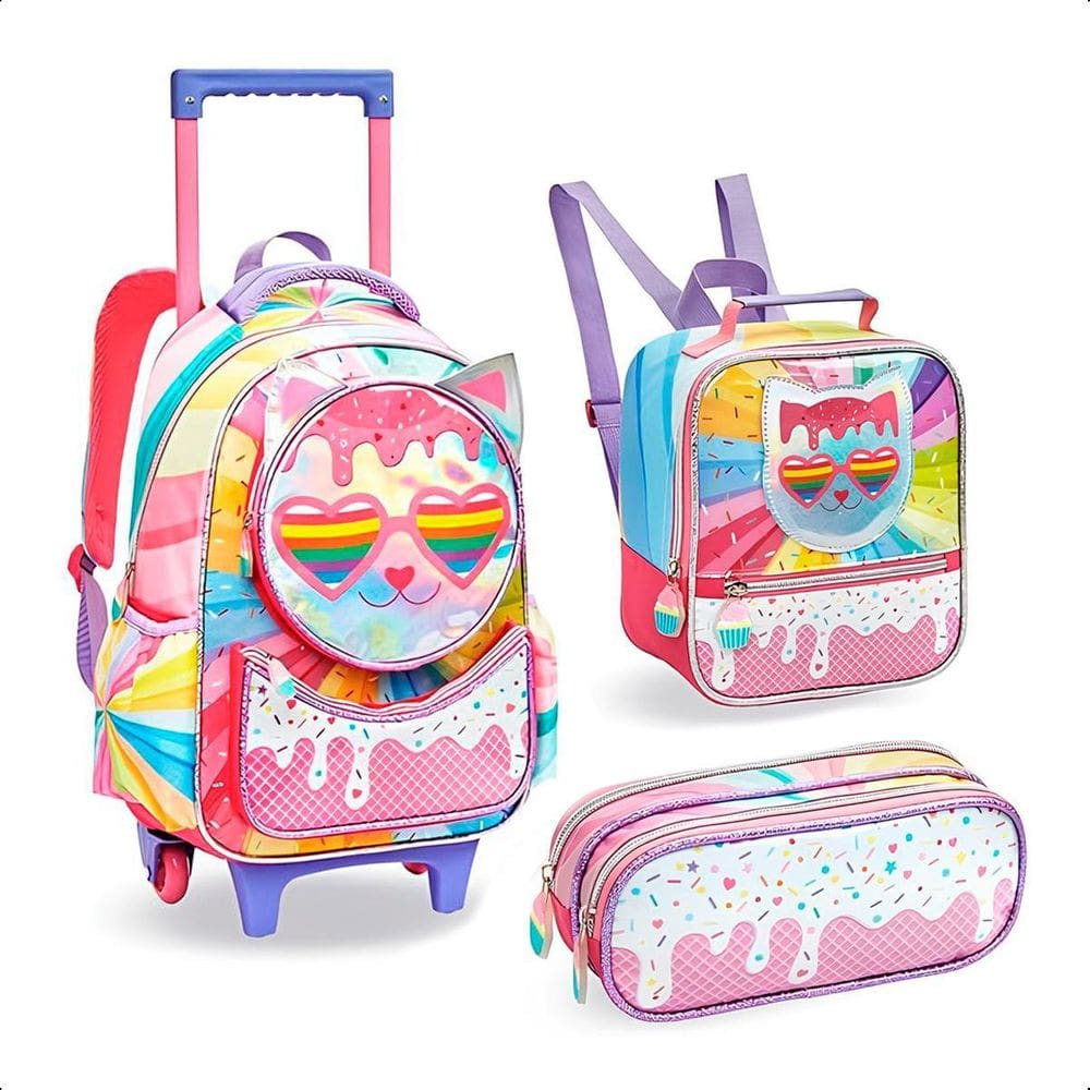 Kit Mochila De Rodinhas Meninas Lancheira Estojo - Rosa