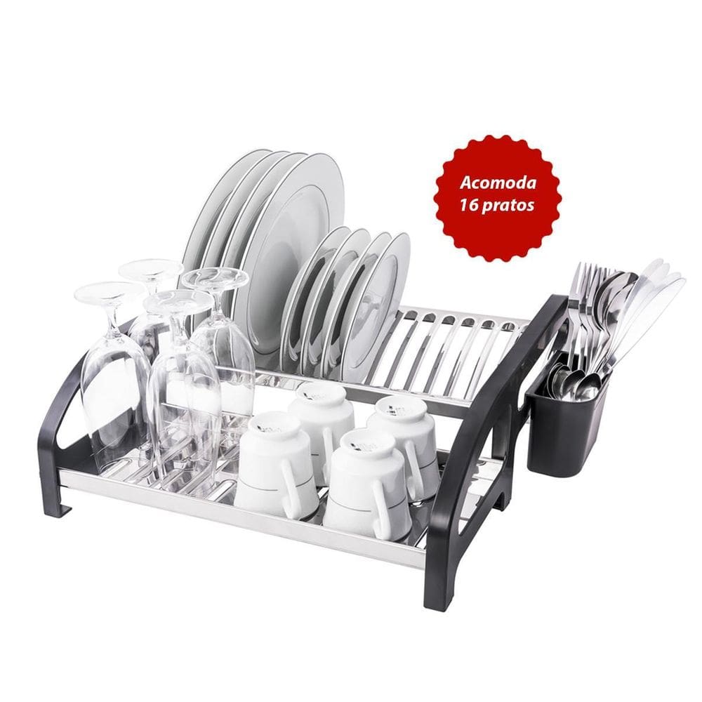 Escorredor 16 Pratos Inox Cama Preto