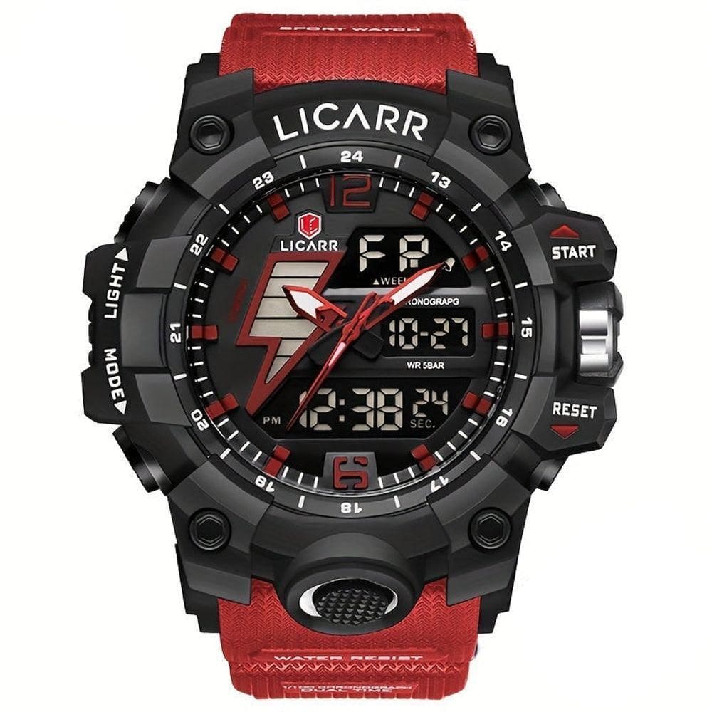 Relógio Esportivo Exibição Dupla Masculino 5atm à Prova De água Quartzo Estilo Militar Vermelho