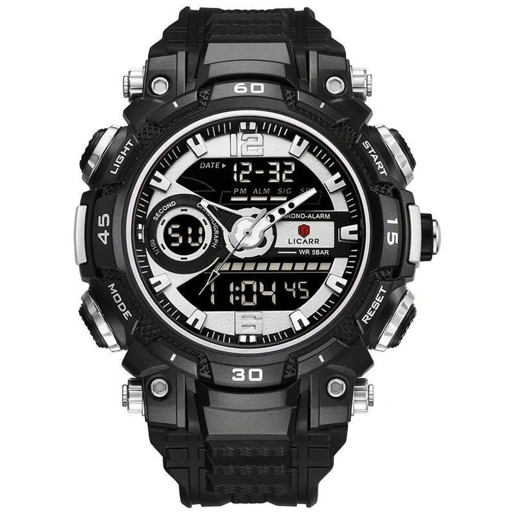 Relógio De Pulso Masculino Digital Led Multifuncional Desportivo De Quartzo Prateado Preto A
