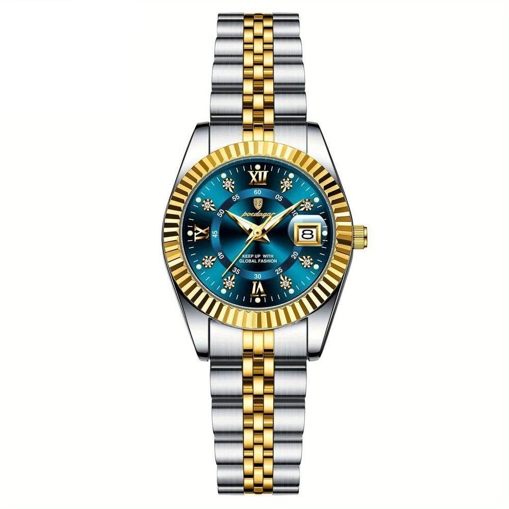 Relógio Feminino Elegante Com Strass Em Aço Inoxidável De Quartzo Casual Azul Dourado