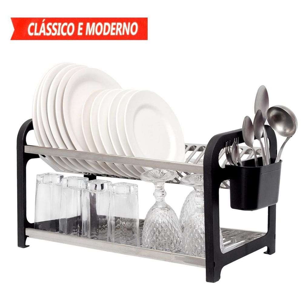 Escorredor Inox Preto c/ Porta Talheres | Nuova Casa