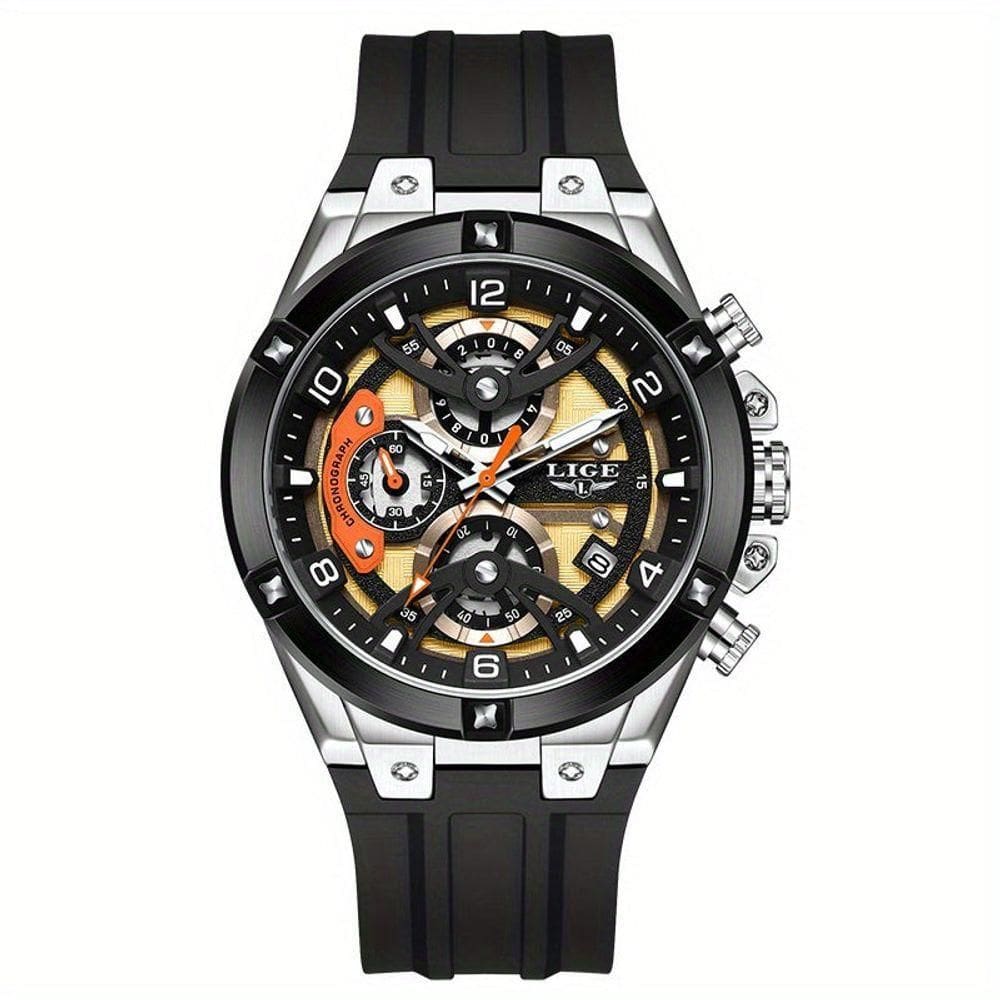 Relógio Esportivo Masculino Com Cronógrafo Movimento Quartzo Resistente Até 3atm Preto Dourado