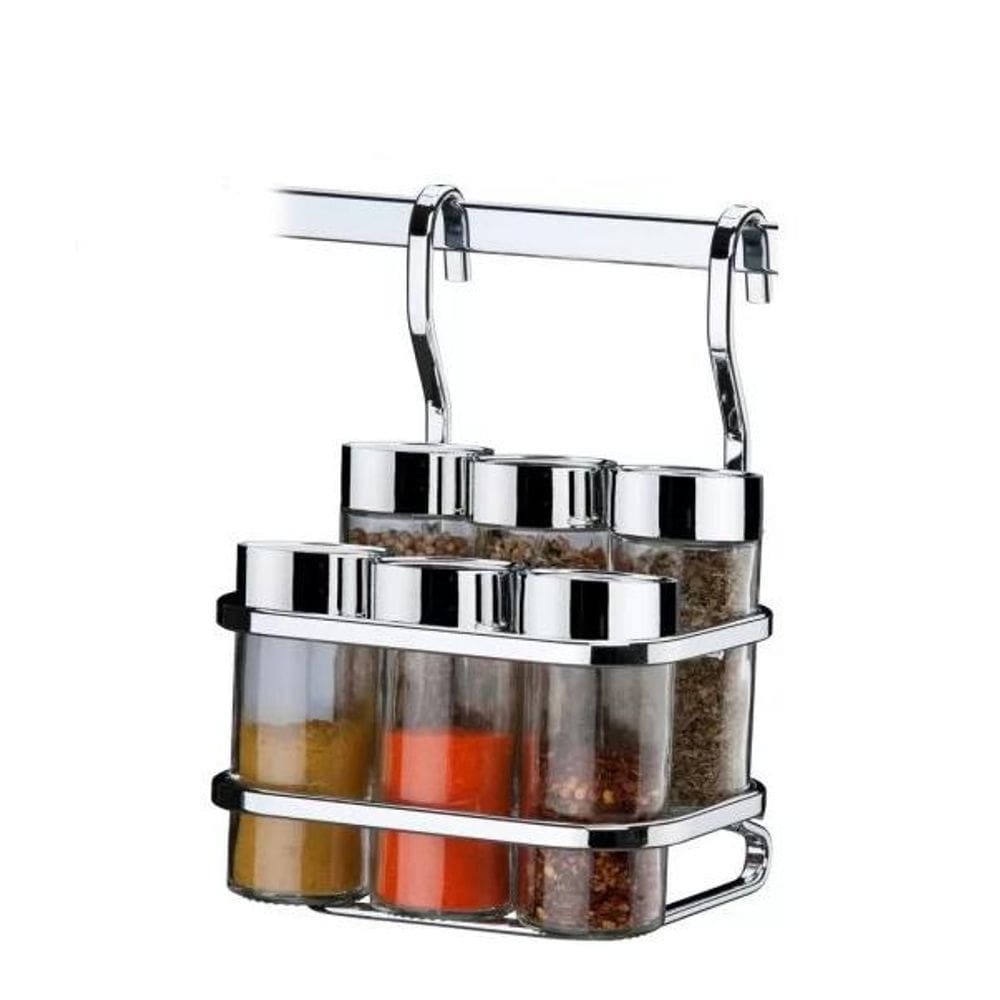 Suporte Temperos 6 Peças Para Barra De Cozinha  Aço Cromado