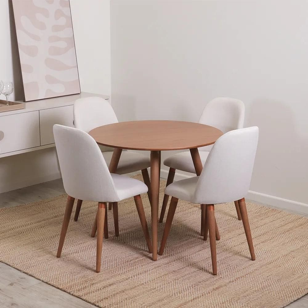 Conjunto de Jantar Mesa Redonda Ollie 4 Cadeiras New Drop - Natural c/ Bege