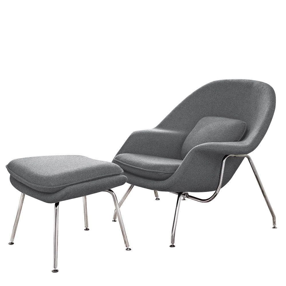 Poltrona Womb Chair Com Puff Cromada Linho Cinza