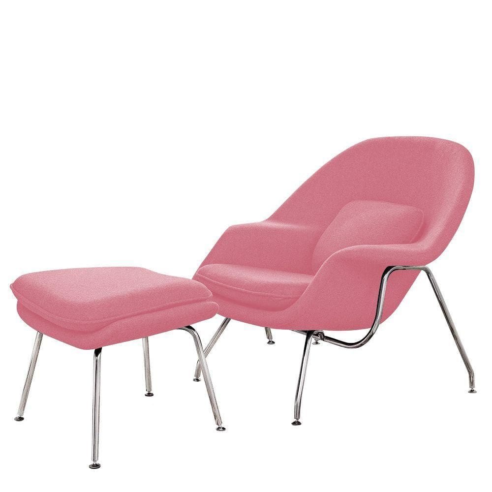 Poltrona Womb Chair Com Puff Cromada Linho Rosa