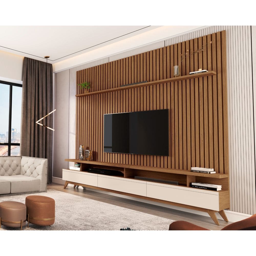 Rack Vivare com Painel Versátil para Tv até 90 Polegadas 220cm Freijó com OffWhite - Rede Móveis