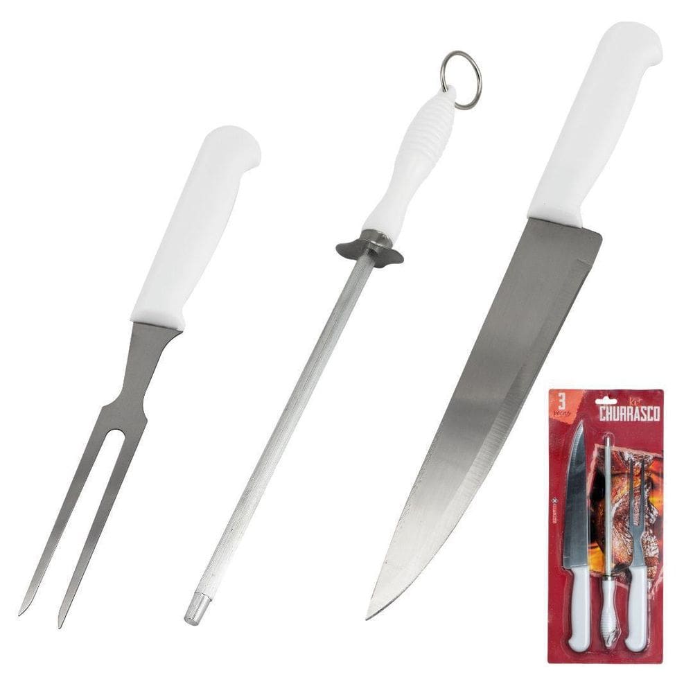 Kit Churrasco Faca Garfo Chaira 3 Peças