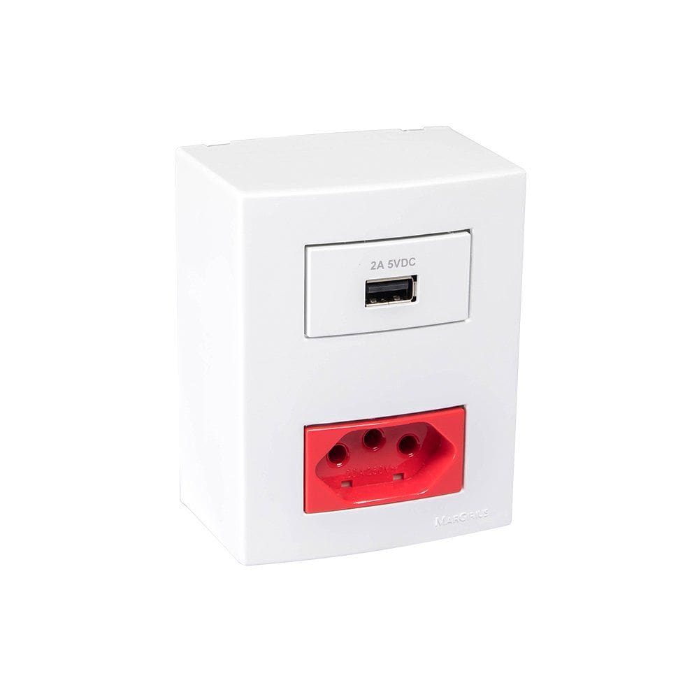 Caixa de Sobrepor 75x95 com Tomada USB-A 2A 10W e Tomada 2P+T 20A Vermelha MarGirius Sleek Branca
