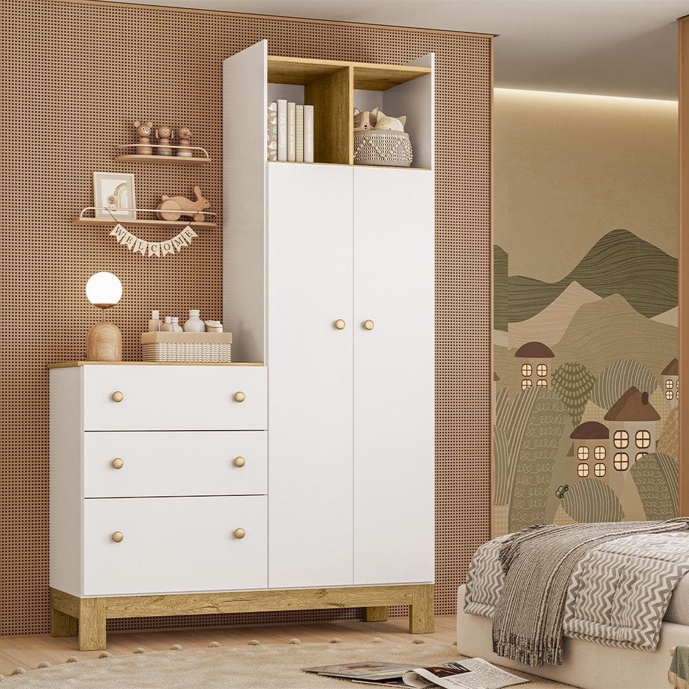 Guarda Roupa Roupeiro com Cômoda QEncanto Slim Freijó Branco Acetinado Qmovi