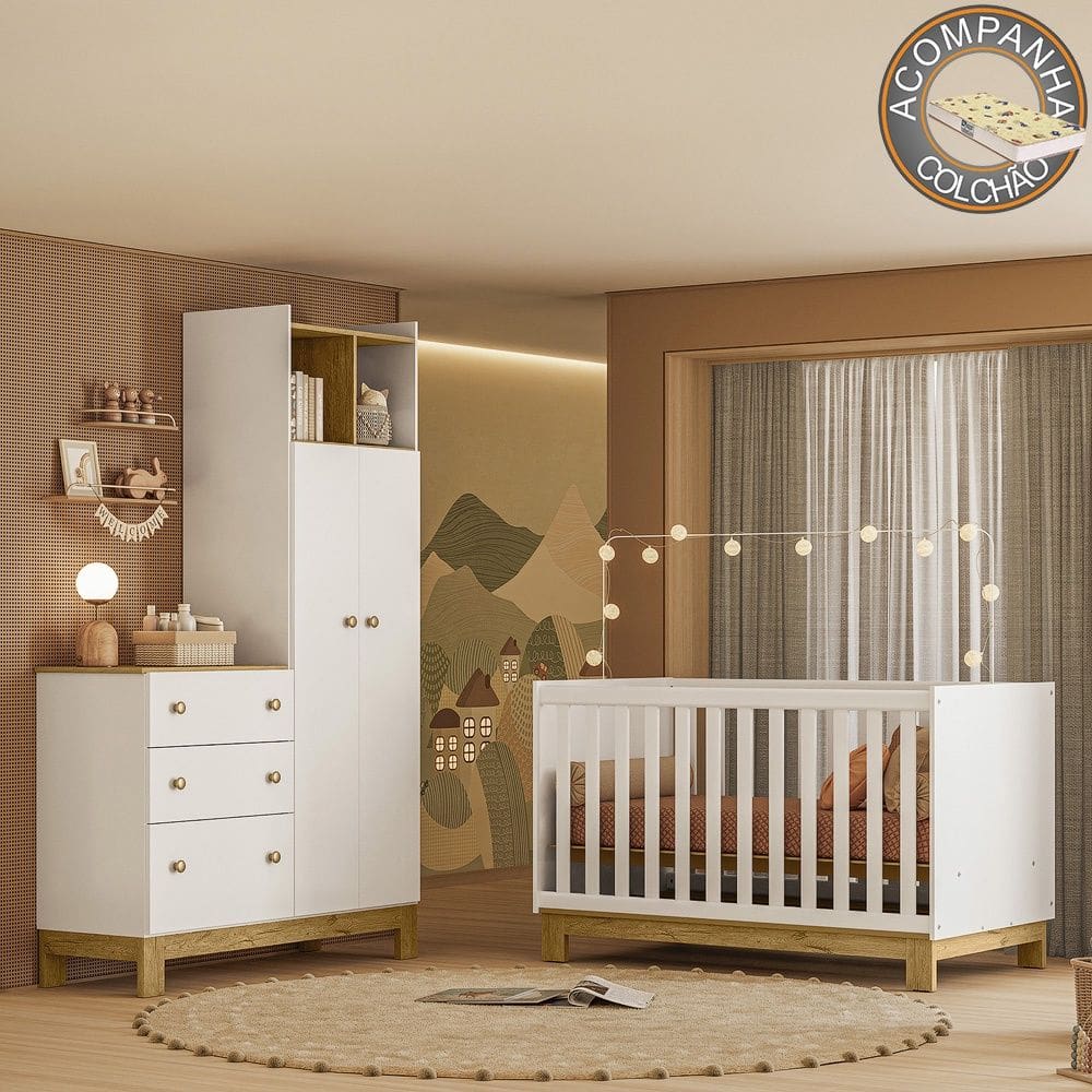 Quarto de Bebê com Berço Mini Cama e Roupeiro com Cômoda QEncanto Slim Freijó Branco Acetinado Qmovi + Colchão Gazin