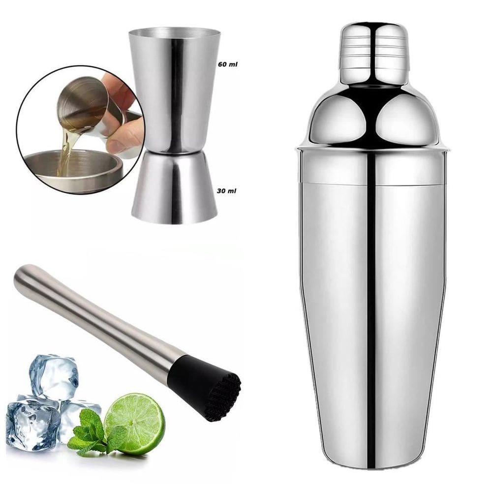 Coqueteleira + Socador+ Dosador Inox 500Ml Caipirinha Drinks