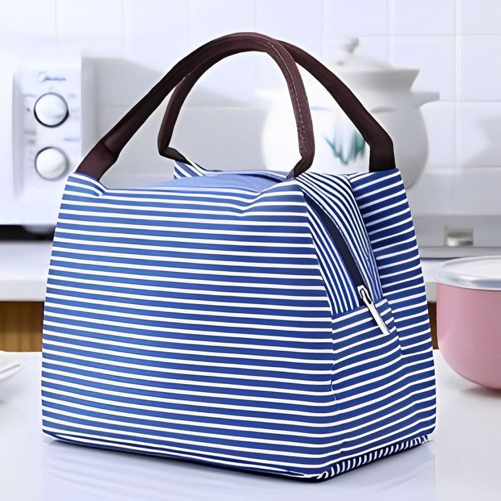 Bolsa Térmica Organizadora Listrada em Poliéster de Mão Para Marmita Azul Escuro