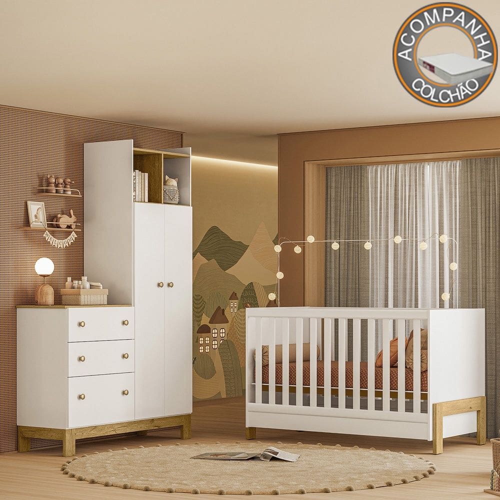 Quarto de Bebê com Berço Mini Cama Fantasia e Roupeiro com Cômoda QEncanto Slim Freijó Branco Acetinado Qmovi + Colchão Ortobom
