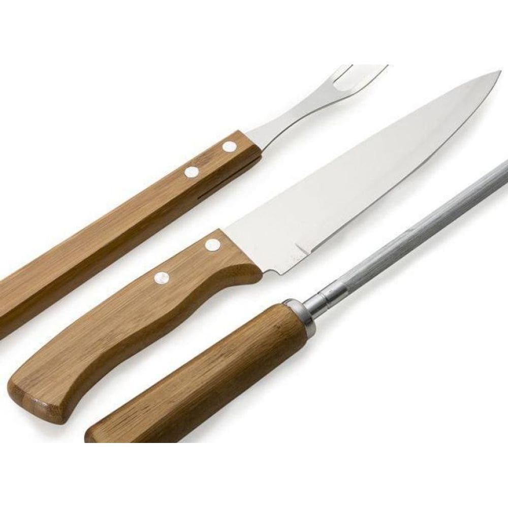Kit Churrasco 3 Peças Garfo Faca E Amolador Aço Inox