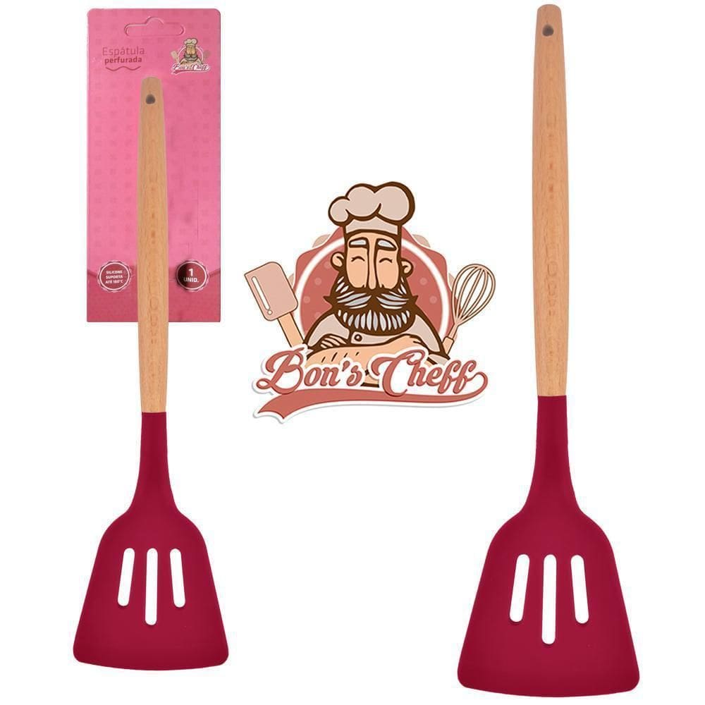 Espatula Vazada Silicone Vinho Cabo Madeira Bons Cheff