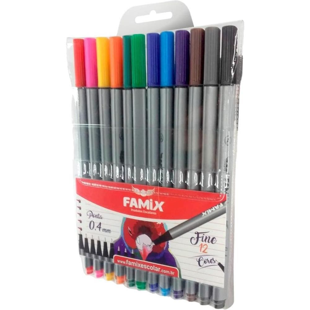 Caneta Com Ponta Porosa Fine 0.4Mm 12 Cores - Famix
