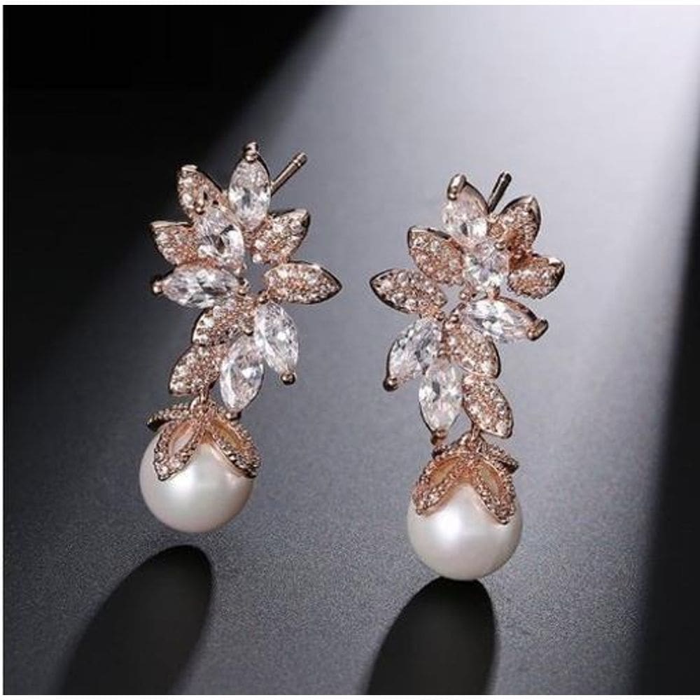 Brinco Noiva Zirconia Perola Pendurado Dourado Rosê Festa