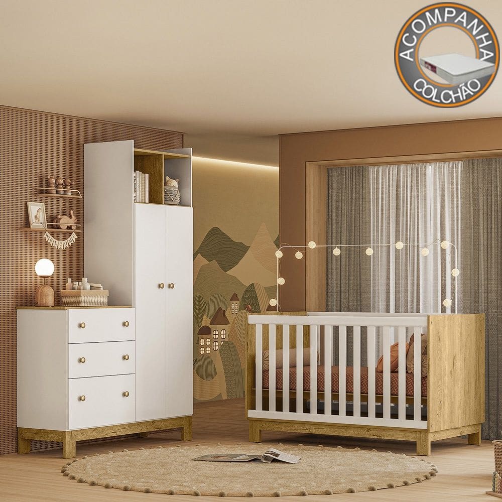 Quarto de Bebê com Berço Mini Cama e Roupeiro com Cômoda QEncanto Slim Freijó Branco Acetinado Qmovi + Colchão Ortobom