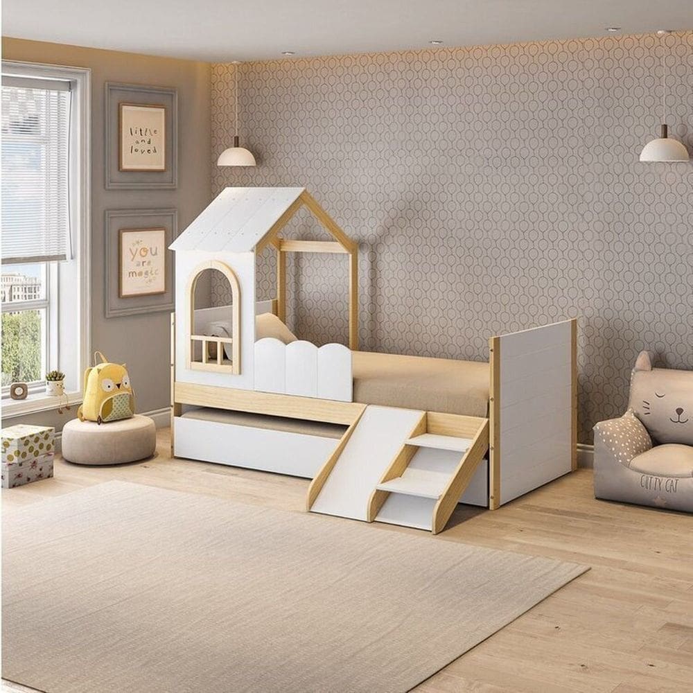 Bicama Solteiro com Telhado, Mini Escorregador e Led New Garden Casatema Natural/Branco