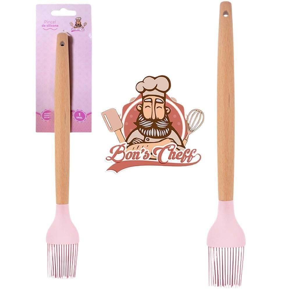 Pincel Culinario De Silicone Rosa Cabo Madeira Na Cartela