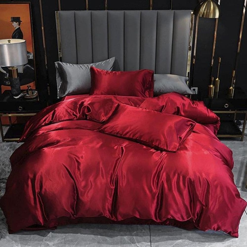 Jogo Cama Solteiro Cetim 7 Pç Completo - Vermelho C/Graffiti