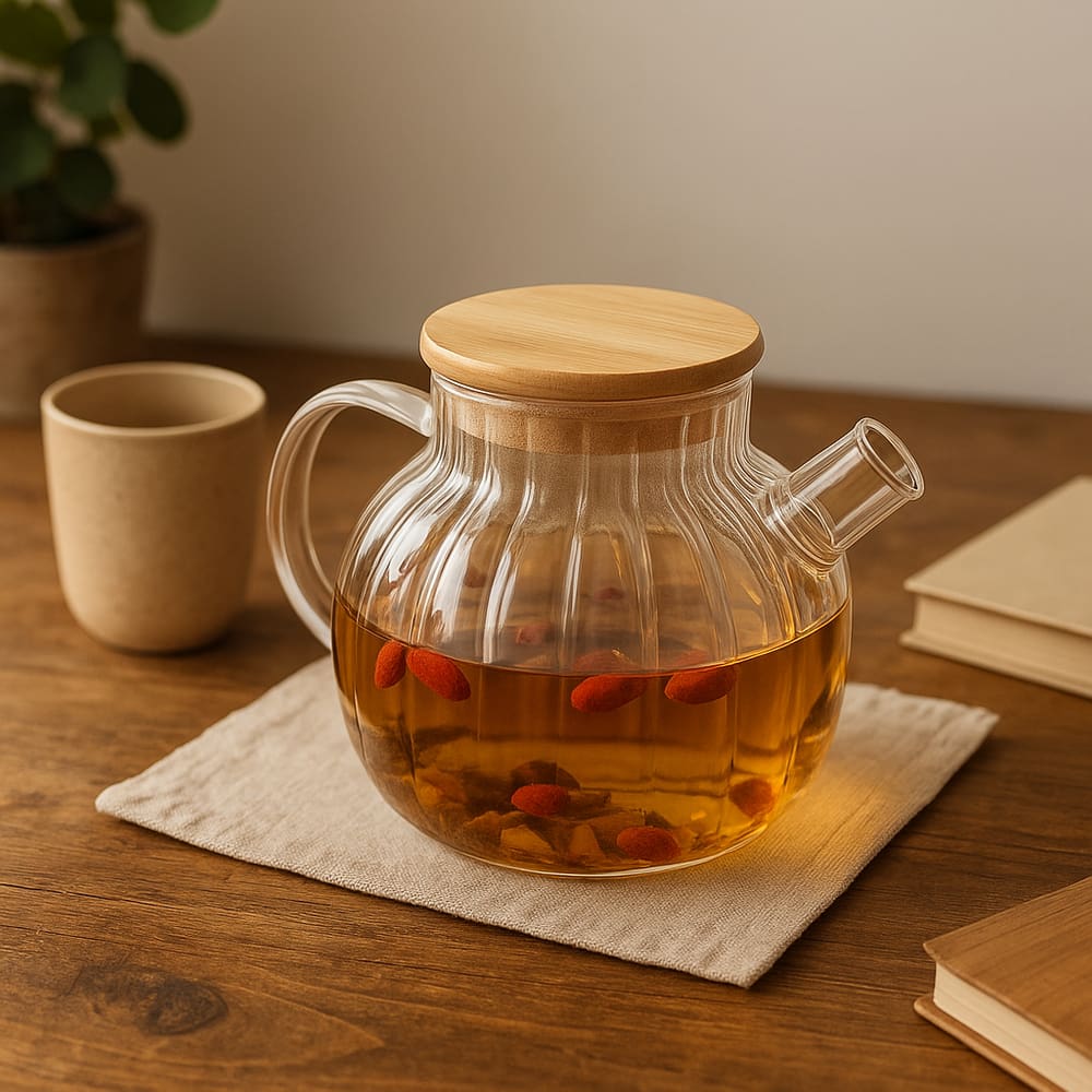 Bule Chaleira de Vidro com Tampa De Bambu e Coador Removível - 1000ml