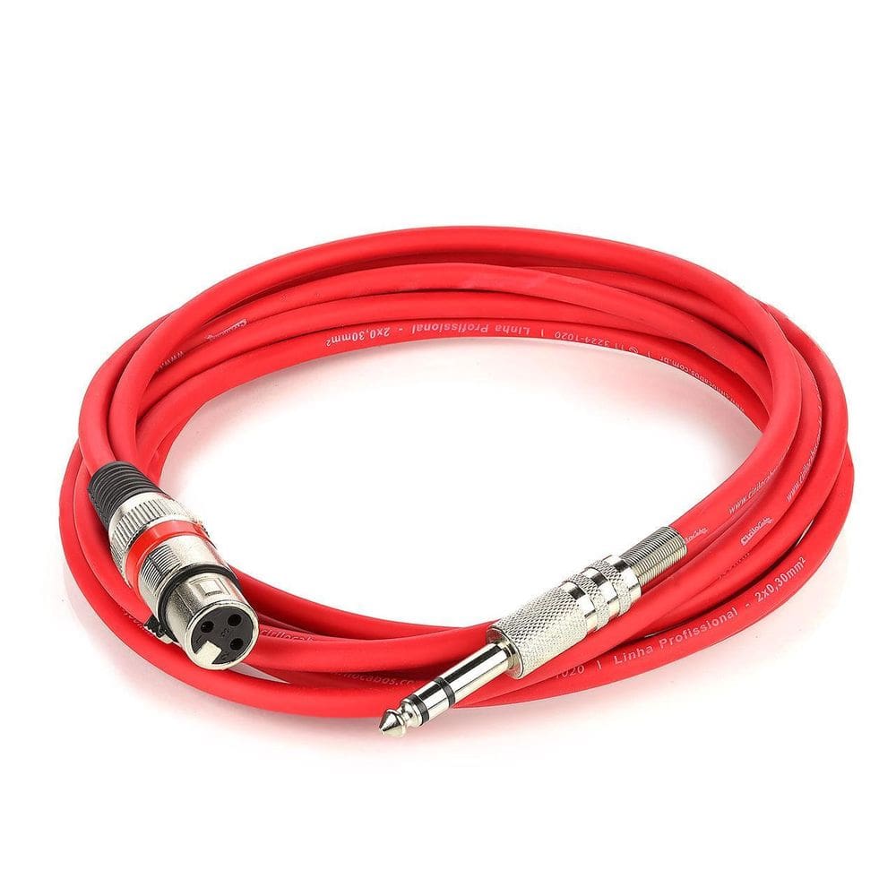 Cabo De Microfone Xlr P10 Estereo - Vermelho - 5 Metros