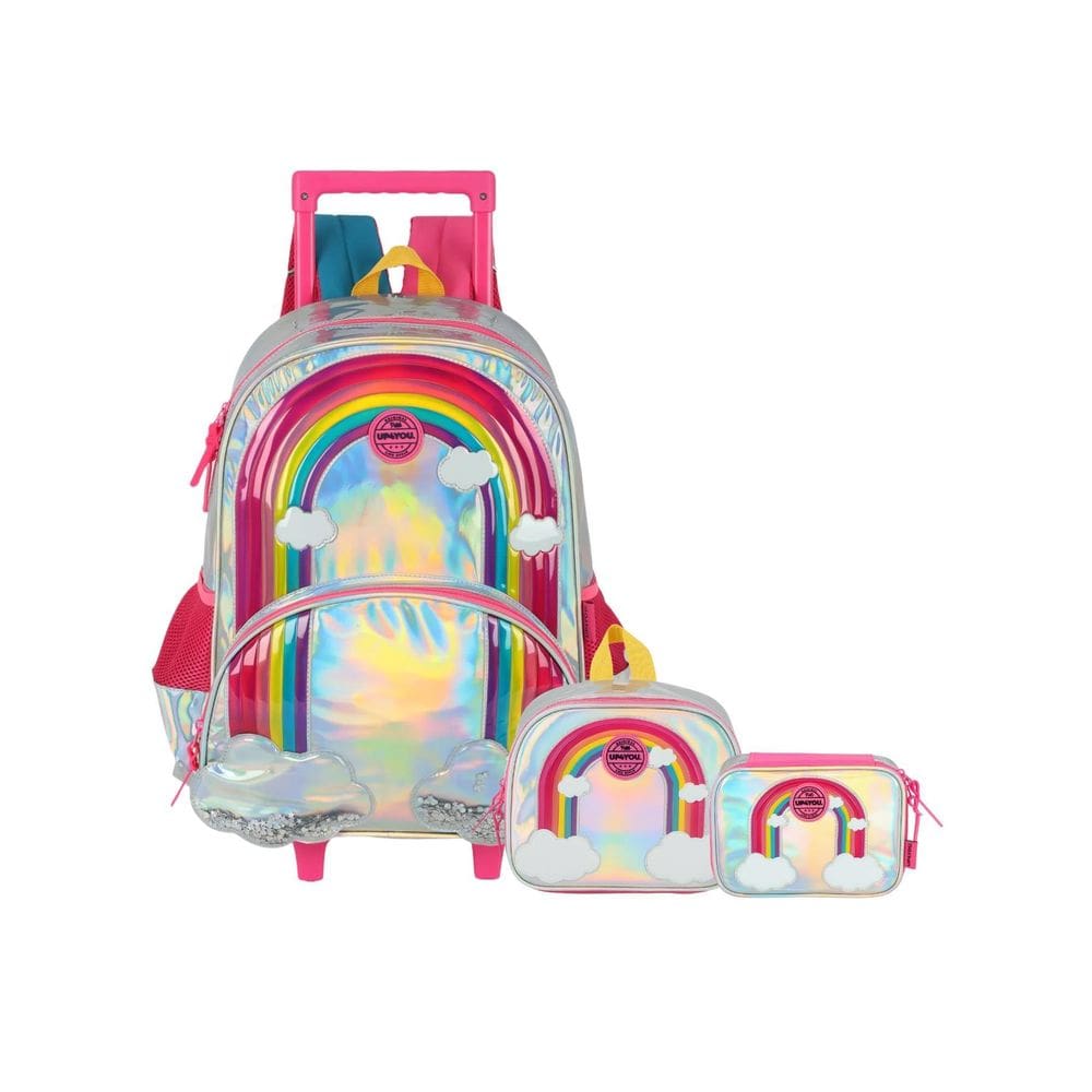 Kit Arco Íris Mochila Costas Rodas + Lancheira + Estojo Box