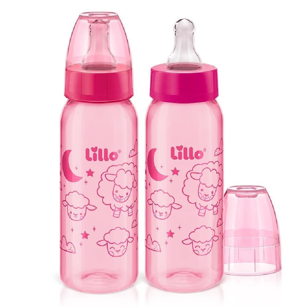 Kit Com 2 Mamadeiras Divertidas 240Ml Bico 6M+ Rosa - Lillo