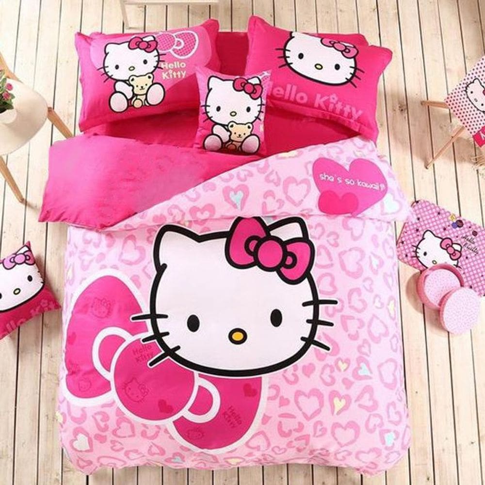 Jogo De Cama Infantil Kello Kitty 4 Peças Com Edredom Decor