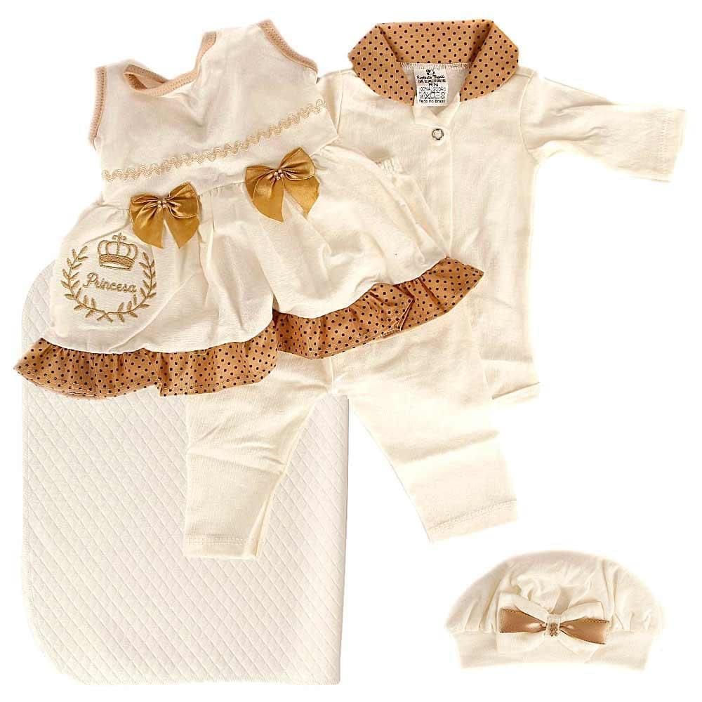 Conjunto de Roupa de Bebê Reborn Bege e Marrom Poá 5 Peças