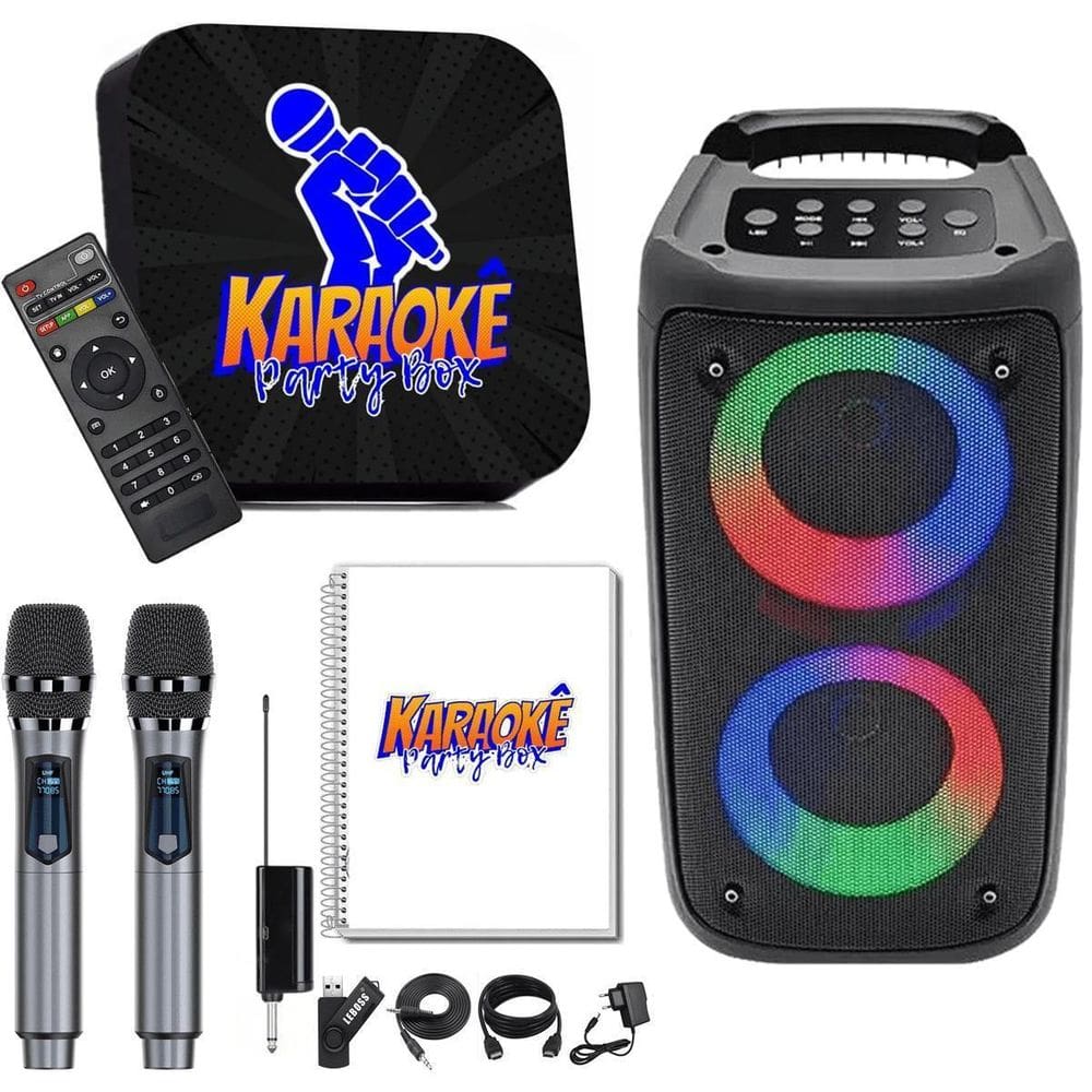 Karaoke Party Box +2 Mic Sem Fio + Caixa De Som + Catálogo