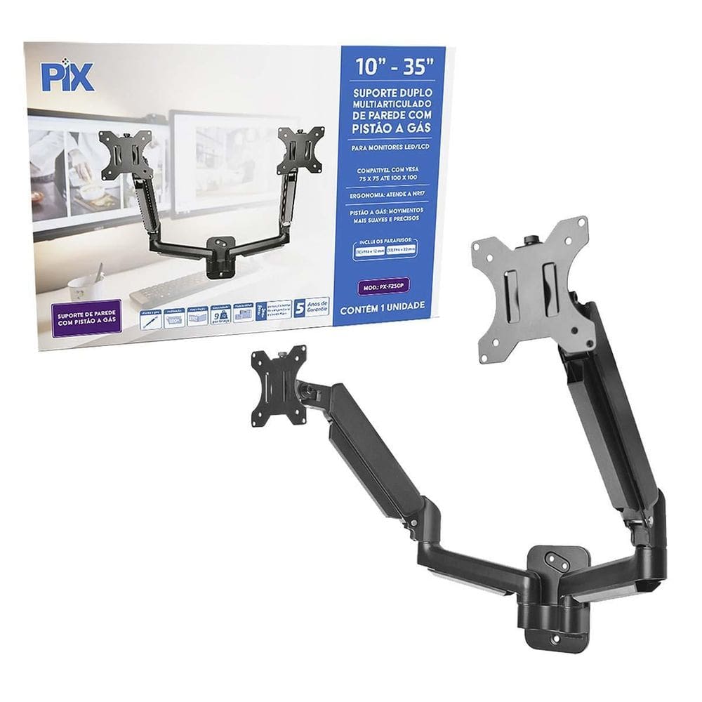 Suporte Duplo Pistão Gás Para 2 Monitores Parede 10`` A 35``
