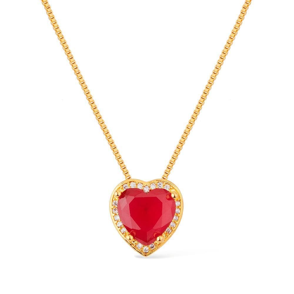 Colar Dourado Pedra Natural Vermelha Coração Cravejado